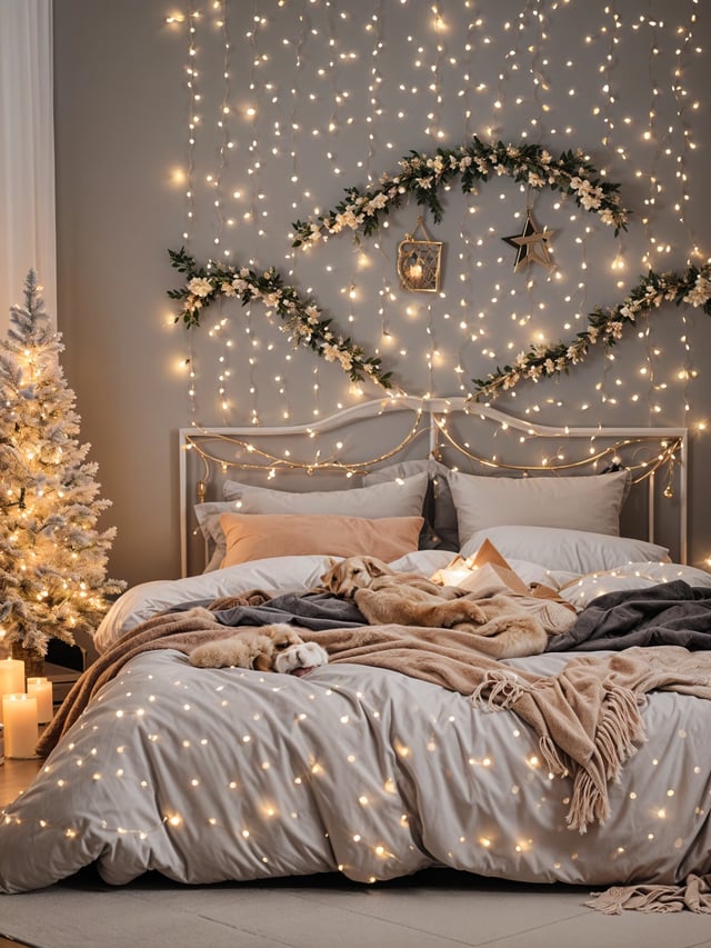 A cozy bedroom scene with a dog laying on a bed covered in blankets. The bed is decorated with Christmas lights and a star garland.