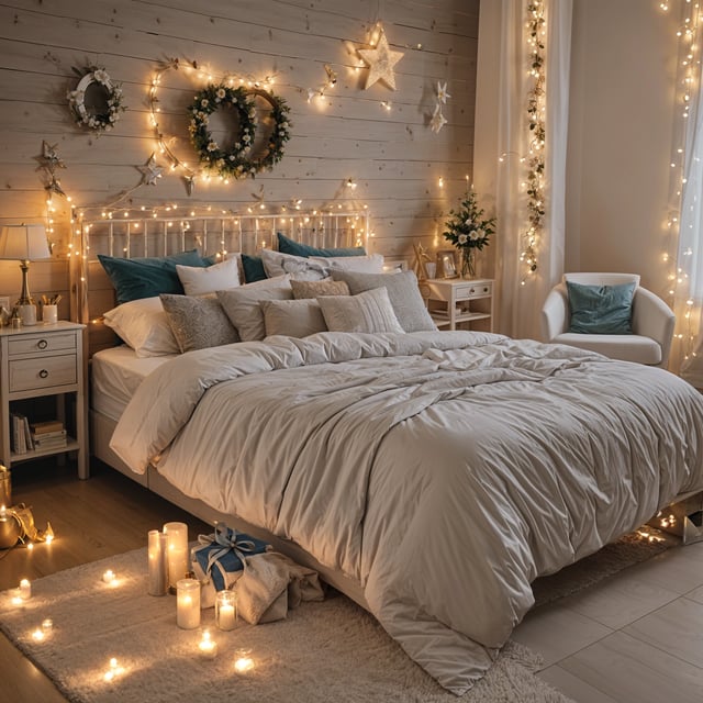 A bedroom with a white bed and a rug on the floor. The room is decorated with lights and a mirror on the wall.