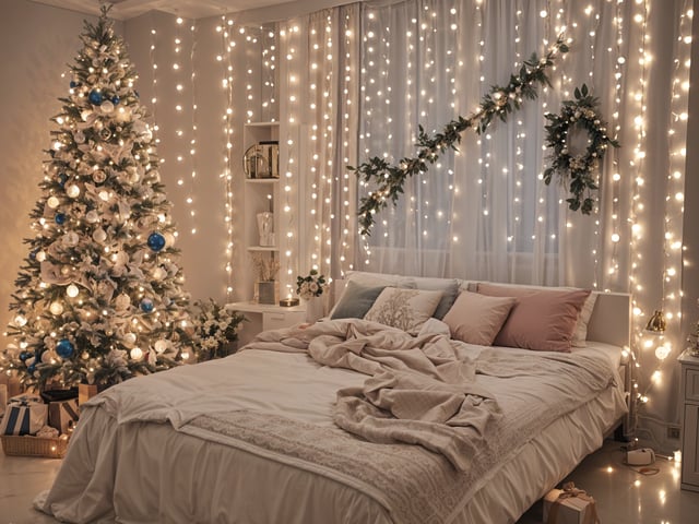 A bedroom with a bed, Christmas tree, and white lights.