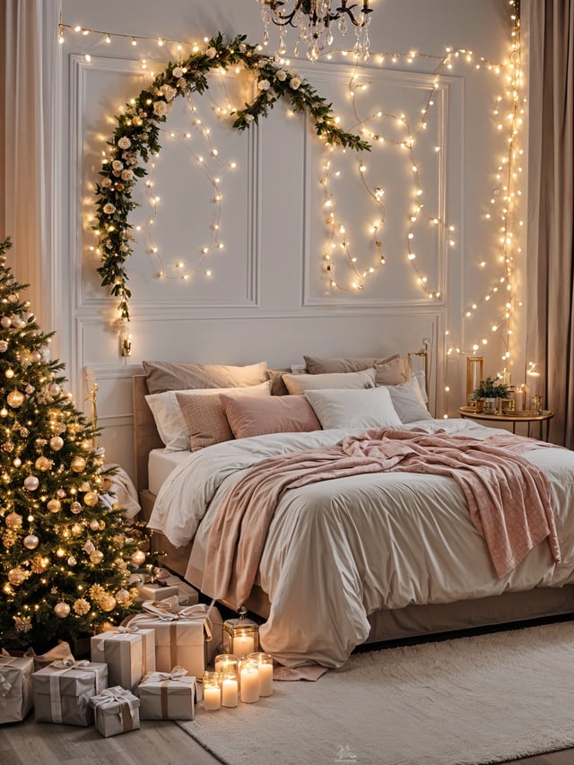 A bedroom with a neatly made bed, a Christmas tree, and lights. The bed is covered with a white comforter and a pink throw.