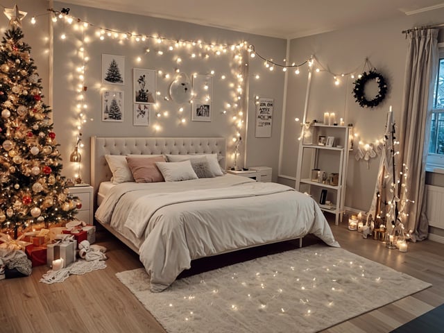 A bedroom with a white bed and Christmas decorations. The bed is covered with a white comforter and has a white rug underneath.