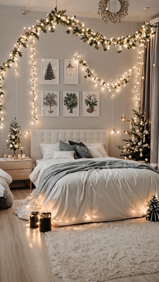 A bedroom with a white bed and a Christmas tree. The bed is covered in a white comforter and has a white pillow. The room is decorated with lights and a picture of a tree on the wall. The bed is positioned in front of a window.