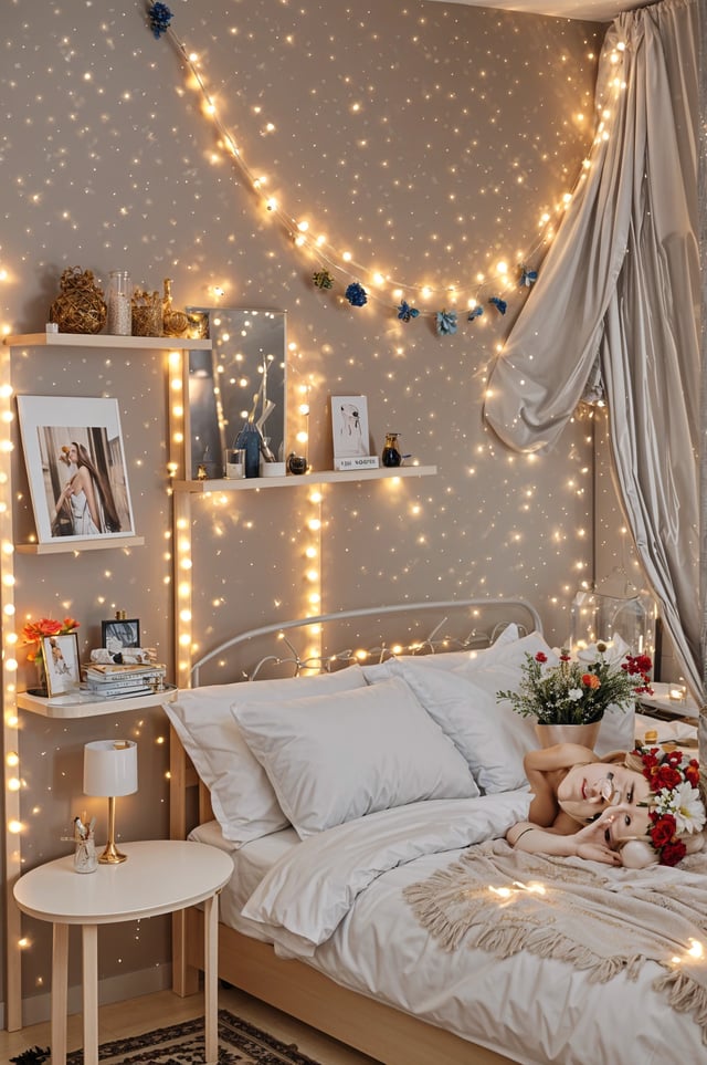 A bedroom with a white bed, a shelf with pictures, and a string of lights. The bed has a white comforter and a white pillow. The room is decorated with flowers and a vase. The lights are on, creating a warm and inviting atmosphere.