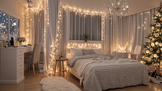 A bedroom with a large bed, string lights, and a potted plant.