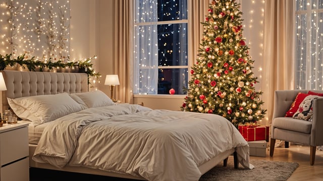 A bedroom with a bed and a Christmas tree. The room is decorated with Christmas lights, and the bed is positioned in front of a window.