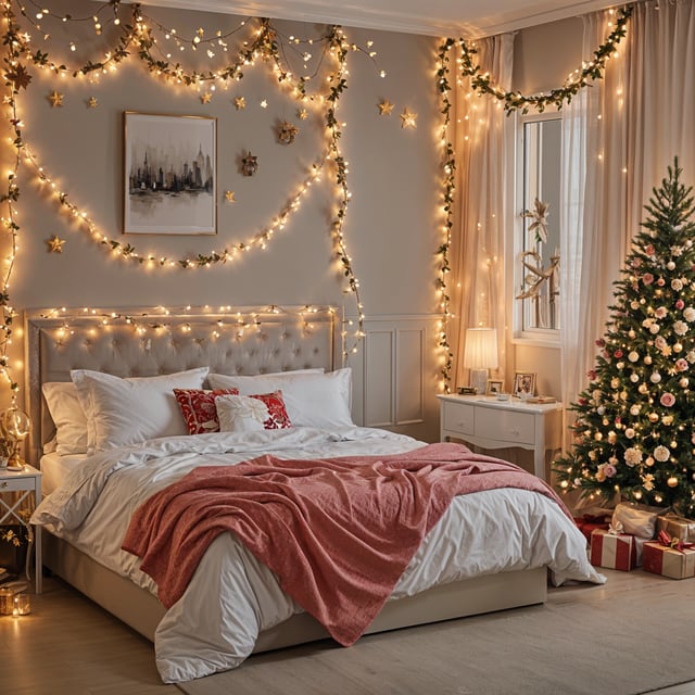 A bedroom with a bed and a Christmas tree. The bed is covered with a red blanket and a white comforter.