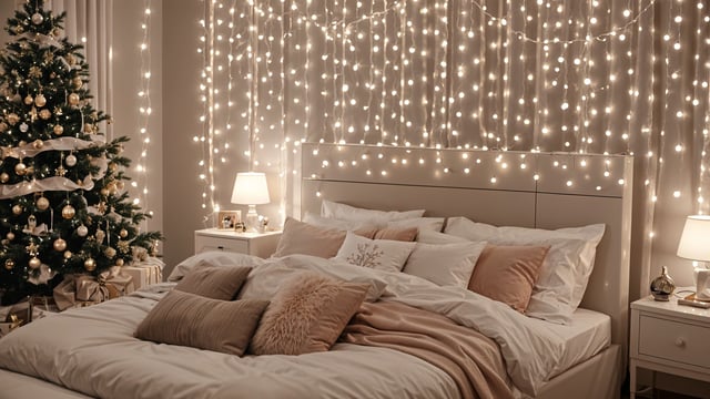 A large bed with white sheets and a pink blanket. The bed is adorned with white pillows and a fur throw. The room is decorated with lights on the wall.