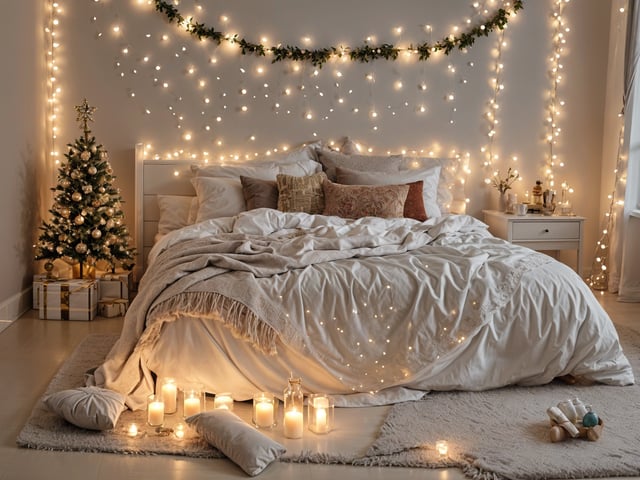 A bedroom with a bed and Christmas lights. The bed is covered in white sheets and a white comforter.