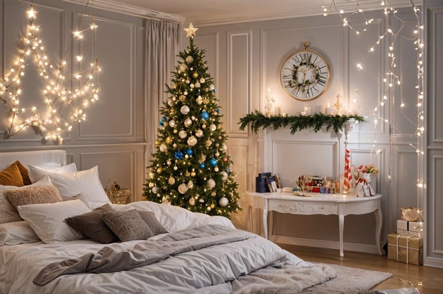 A bedroom with a Christmas tree and a bed. The room is decorated with candles and a clock on the wall.