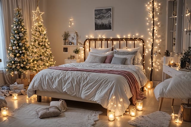 Bedroom with a bed and a Christmas tree in the corner. The bed is covered with a white comforter and has a pink blanket draped over the foot. The room is decorated with lights and candles.