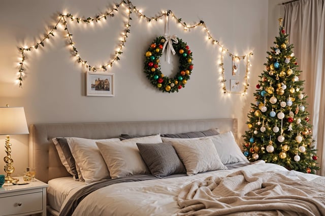 A bedroom with a bed and a Christmas tree. The bed is covered with a white comforter and has a green and white wreath hanging above it. The room is decorated with Christmas lights and ornaments.