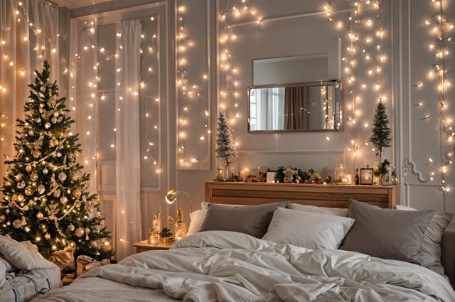 A bedroom with a bed and a Christmas tree. The bed is covered in white sheets and has a white pillow. The room is decorated with lights and a mirror. The bed is situated in front of a window.