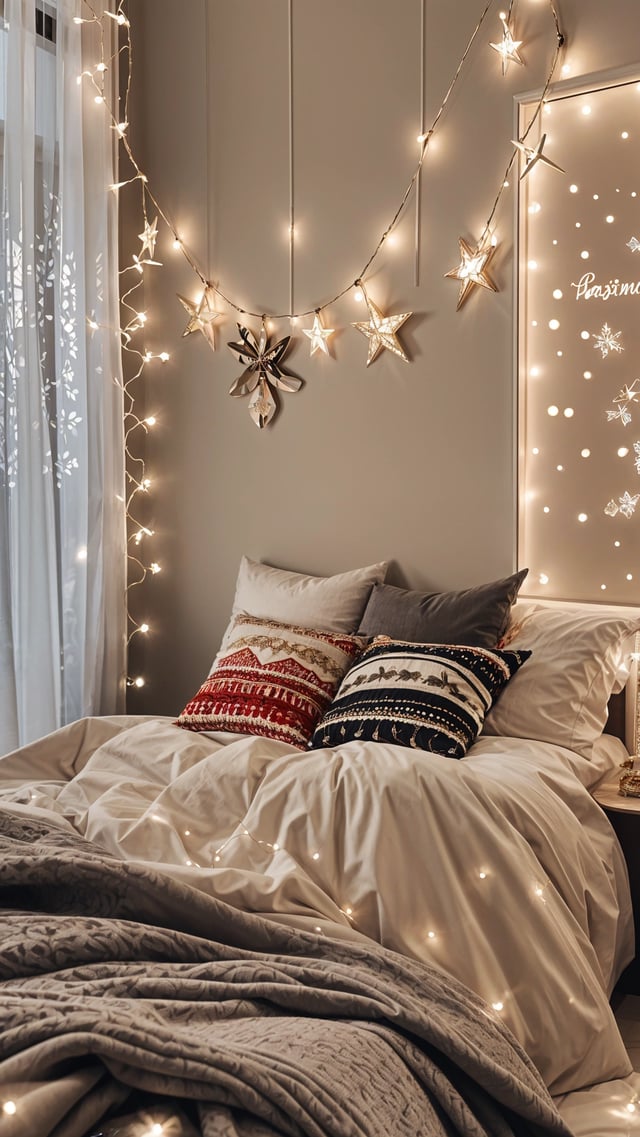 A bedroom with a white bed and colorful pillows, featuring a star garland and a white comforter.