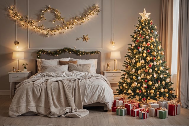 A bedroom with a Christmas tree and presents in front of a bed. The bed is covered with a white comforter and the room is decorated for the holiday season.