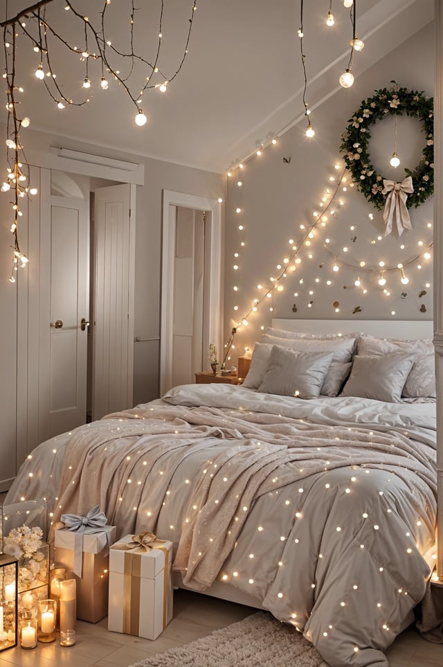 A bedroom with a white bed and a garland of lights