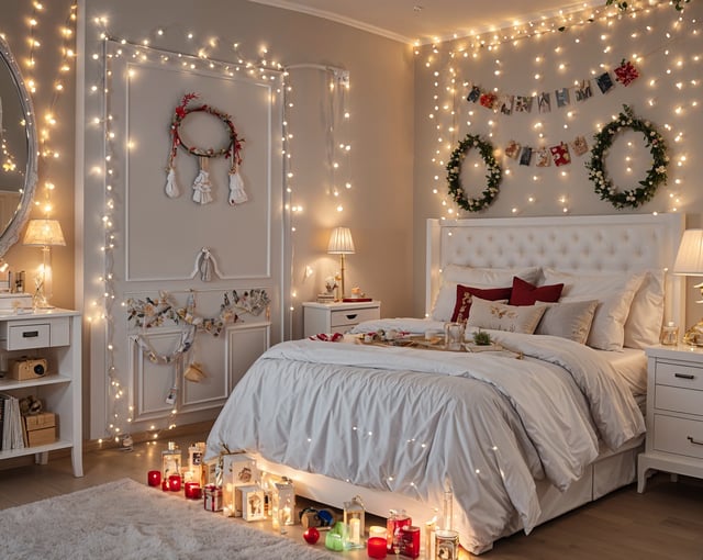 A white bed with a white headboard and a white comforter in a bedroom with a wall of lights.