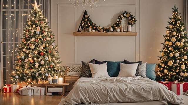 A bedroom with a bed and a Christmas tree in the corner. The bed has blue pillows and a white comforter.