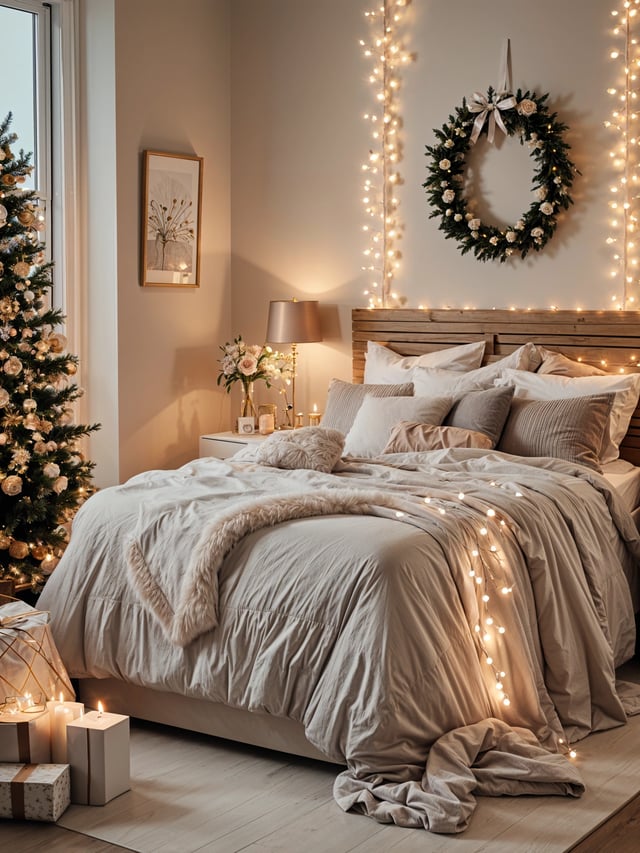 A bedroom with a bed, Christmas tree, and nightstand with a lamp and vase of flowers