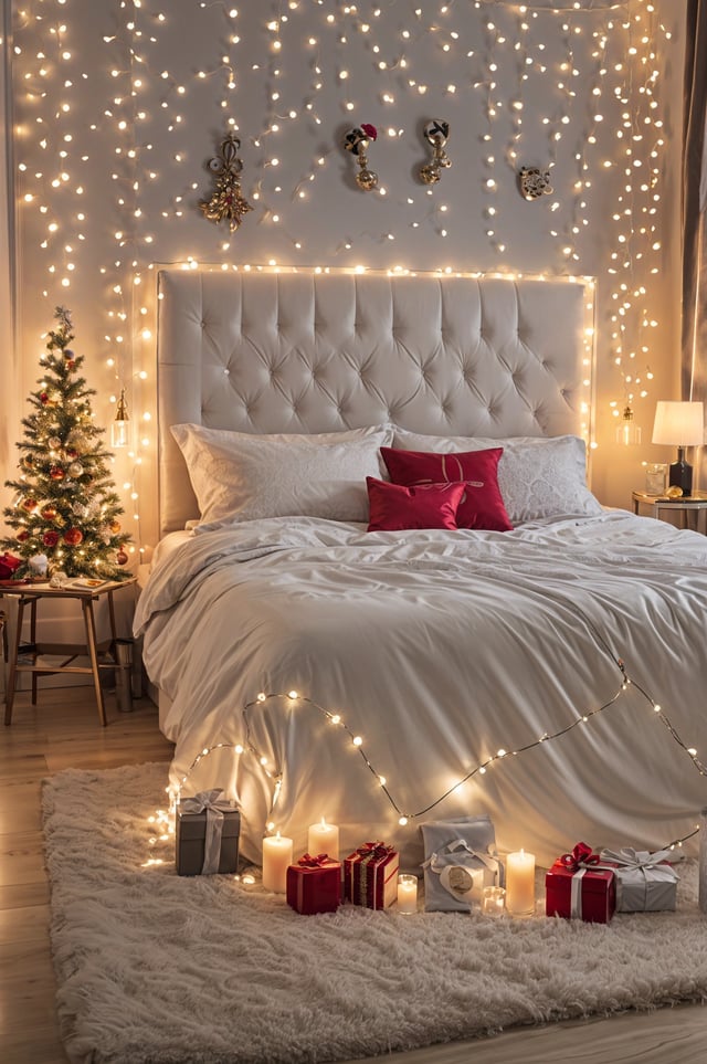 A bedroom with a bed under a Christmas tree. The bed is covered with white sheets and has a red pillow. The room is decorated with lights and presents.