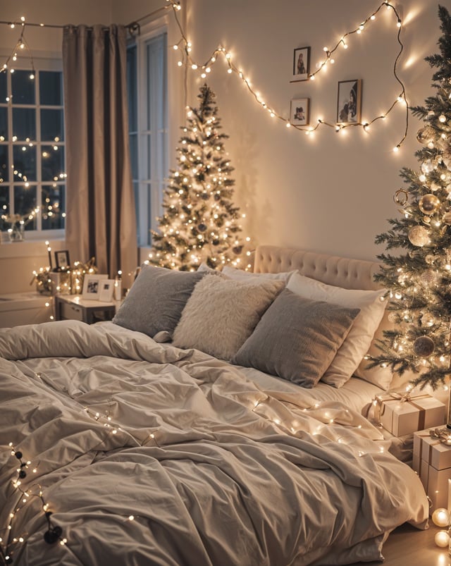 A bedroom with a bed and two Christmas trees. The bed is covered in white sheets and has two pillows. The room is decorated with lights and pictures on the wall.