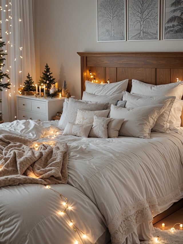 A bedroom with a large bed covered in white linens and Christmas lights. The bed is positioned in front of a window.