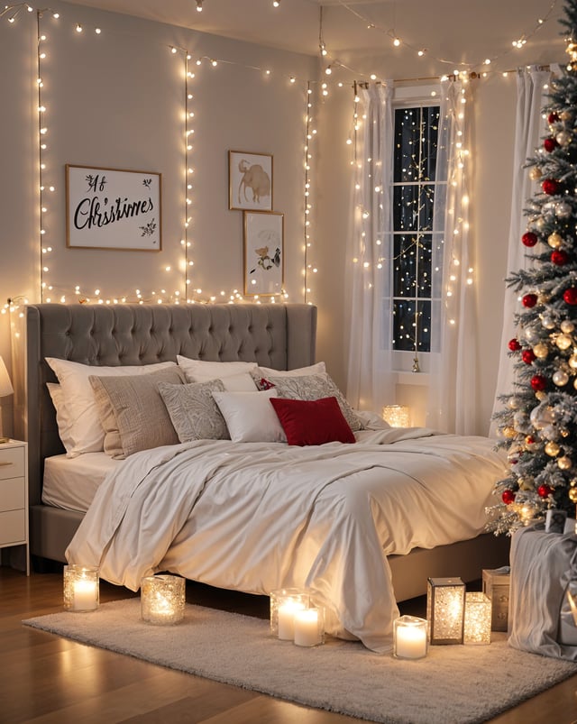 A bedroom decorated for Christmas with a bed, window, and Christmas tree in the corner.