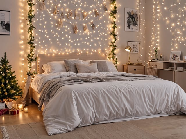 A bedroom with a large bed and lights on the wall. The bed is covered in a white comforter and has a white sheet. The bed is adorned with pillows and a blanket. The room is decorated with lights on the wall, creating a cozy and inviting atmosphere.