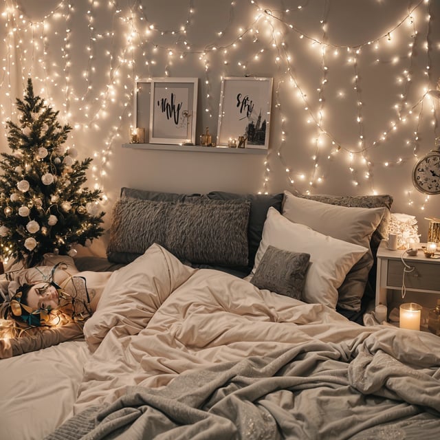 A bedroom with a bed under a Christmas tree and Christmas lights. The bed is covered with a white comforter and has decorative pillows.
