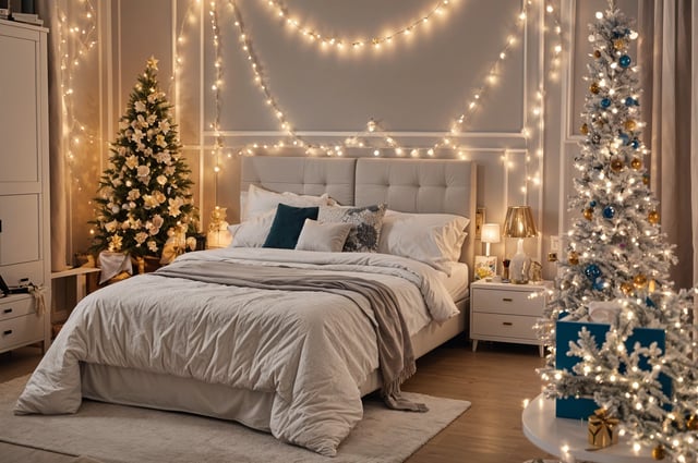 A bedroom with a white bed and a Christmas tree in the corner. The bed is covered in a white comforter and has a blue throw pillow. The room is decorated with white lights and a Christmas tree.