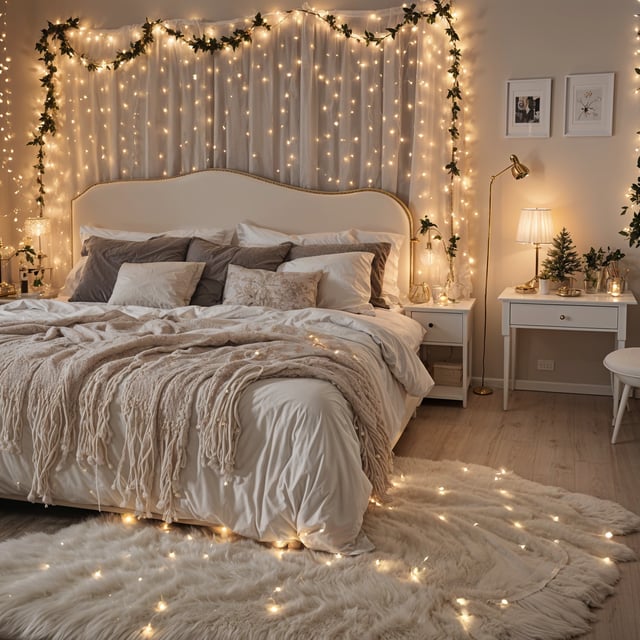 A bedroom scene with a bed covered in white sheets and a white comforter, featuring a white headboard. The bed is adorned with a white rug and a white throw blanket. The room is decorated with Christmas lights and a potted plant, creating a cozy and festive atmosphere.