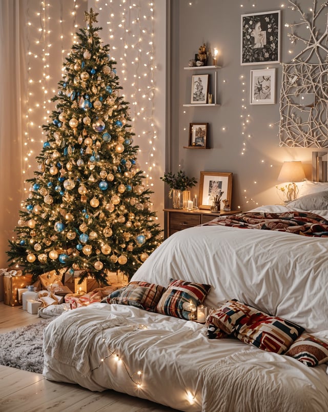 A bedroom with a Christmas tree and a plaid pillow on the bed.