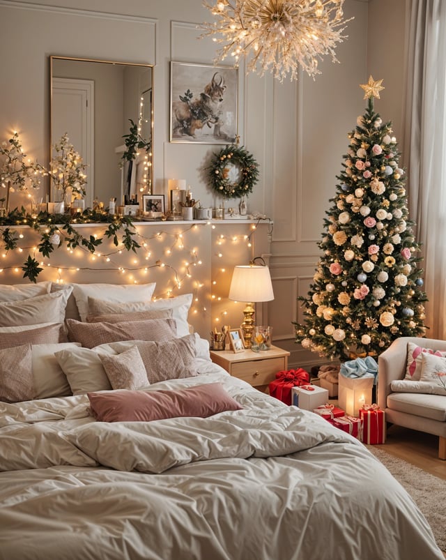 A bedroom with a Christmas tree and lights. The bed is neatly made and has a white comforter. The room also features a fireplace and a window.