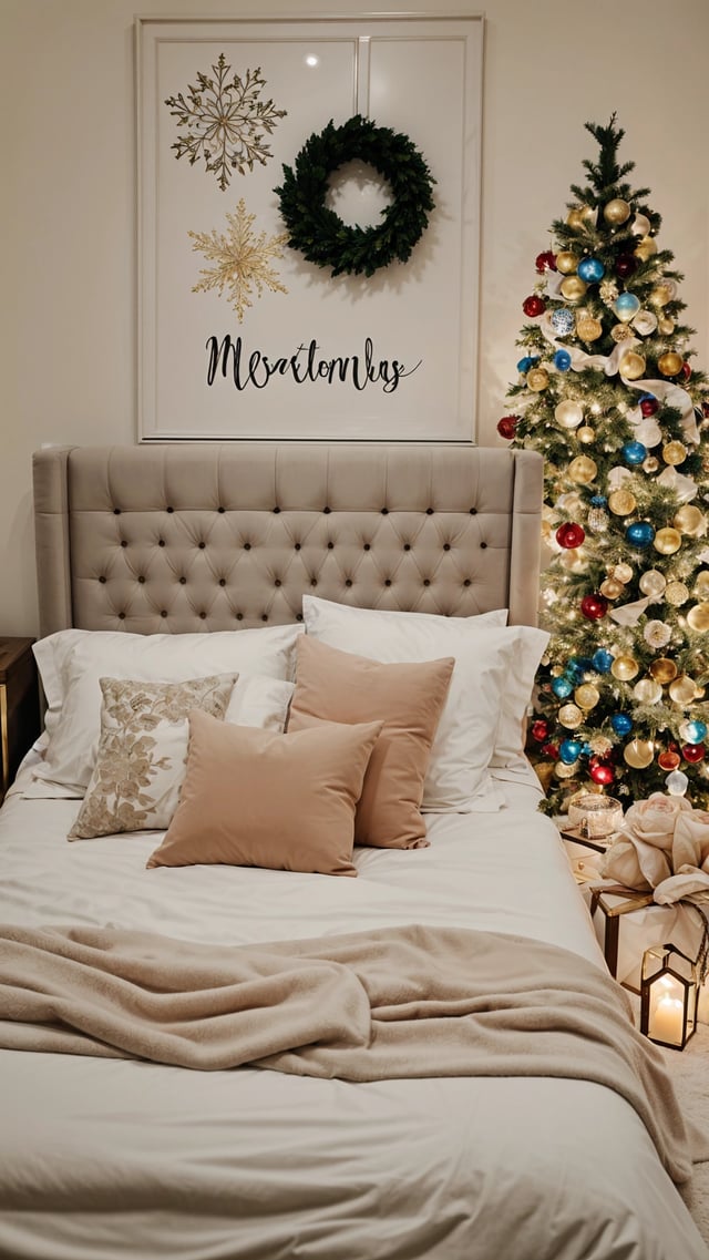Bedroom with a bed and Christmas tree. The bed has a white comforter and a tan pillow. The Christmas tree is decorated with blue and gold ornaments.