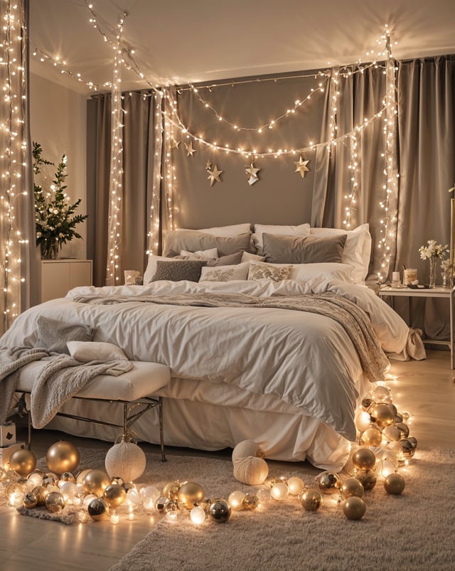 A bedroom scene with a large bed, white pillows, and a row of gold balls on the floor. The room is decorated with lights, creating a warm and inviting atmosphere.