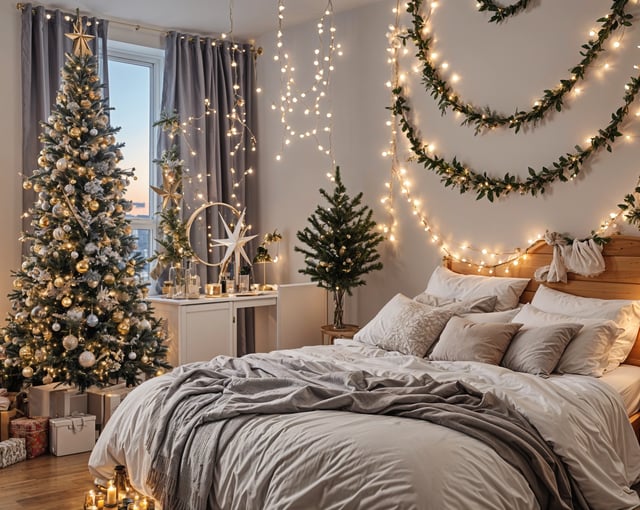 A bedroom with a bed and a Christmas tree. The bed is covered in white sheets and has a grey comforter. The room is decorated with lights and a star garland. The bed is positioned in front of a window with a view of the city.