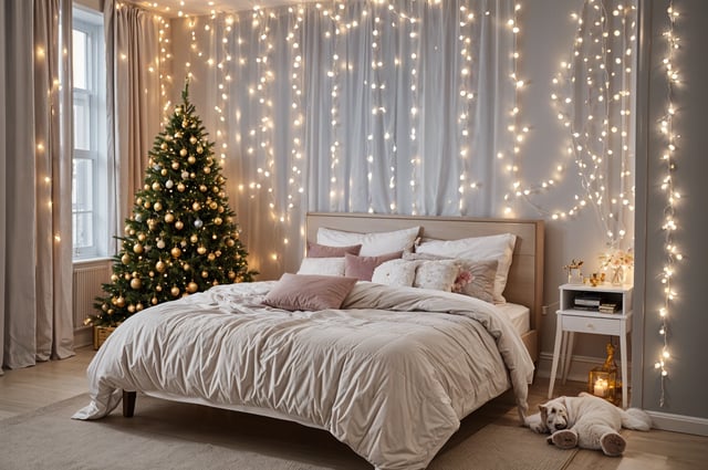 Bedroom scene with a dog under a Christmas tree. The bed is covered in white sheets and pillows, and the room is decorated with twinkling lights.