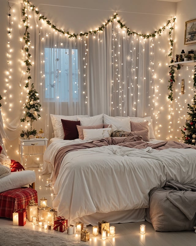 A bedroom with a bed and a Christmas tree in the corner. The bed has a white comforter and is covered with a blanket. The room is decorated with Christmas lights and a window with curtains. The bed has white pillows and a red pillow. A chair is also present in the room.