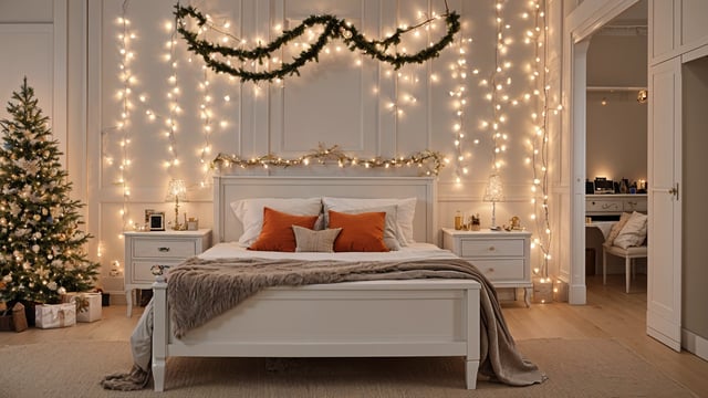 A bedroom with a white bed and orange pillows under Christmas lights.