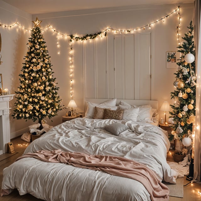 A bedroom scene with a bed and two Christmas trees. The bed is covered in white linens and has a pink blanket on it.