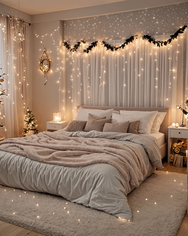 A bedroom with a large bed, white comforter, and Christmas tree. The room is decorated with lights.