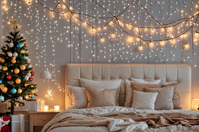 A bedroom with a bed under a string of lights. The bed has white pillows and a white comforter. The lights create a warm and cozy atmosphere in the room.
