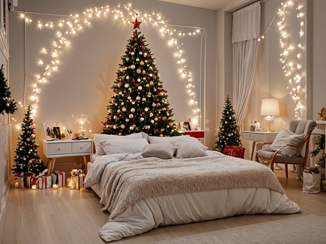 A cozy bedroom with a Christmas tree and lights