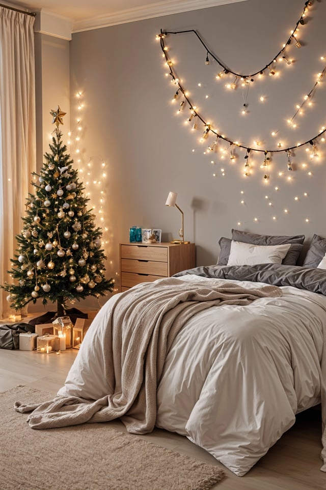A bedroom with a Christmas tree and lights. The bed is covered with a comforter.