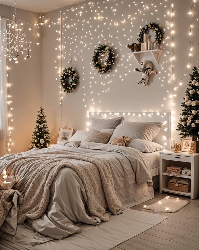 A cozy bedroom with a white bed and a teddy bear on it. The room is decorated with Christmas lights and has a festive atmosphere. The bed is covered with a white comforter and has a white dog lying on it. The room also features a nightstand with a candle and a picture frame.