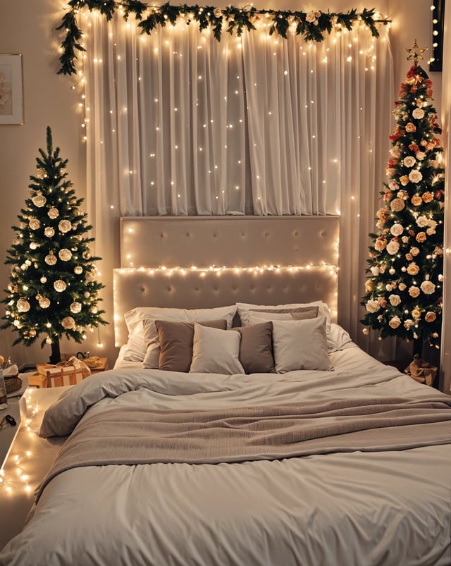 A bedroom with a white bed and two Christmas trees. The bed is covered in white sheets and has a white comforter. The room is decorated with Christmas lights and ornaments. The bed has a white headboard and is topped with two white pillows.
