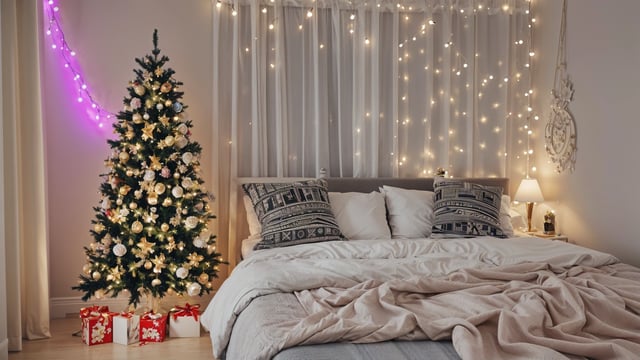 Bedroom with Christmas decorations. A bed with two pillows and a Christmas tree.