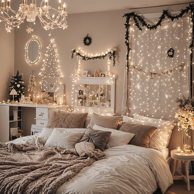 A bedroom with a white bed, Christmas lights, and a chandelier. The bed is covered with a blanket and has a white comforter.