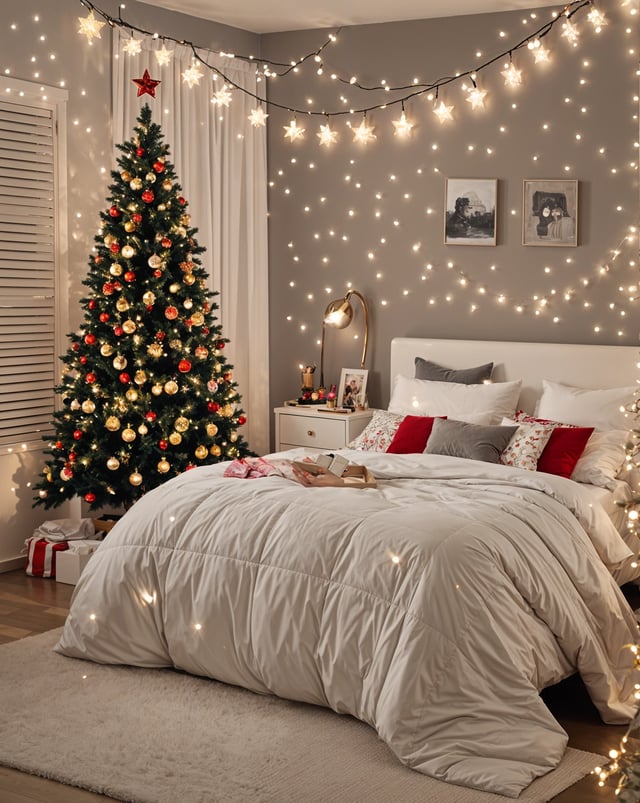 A bedroom decorated for Christmas with a bed and a Christmas tree in the corner.