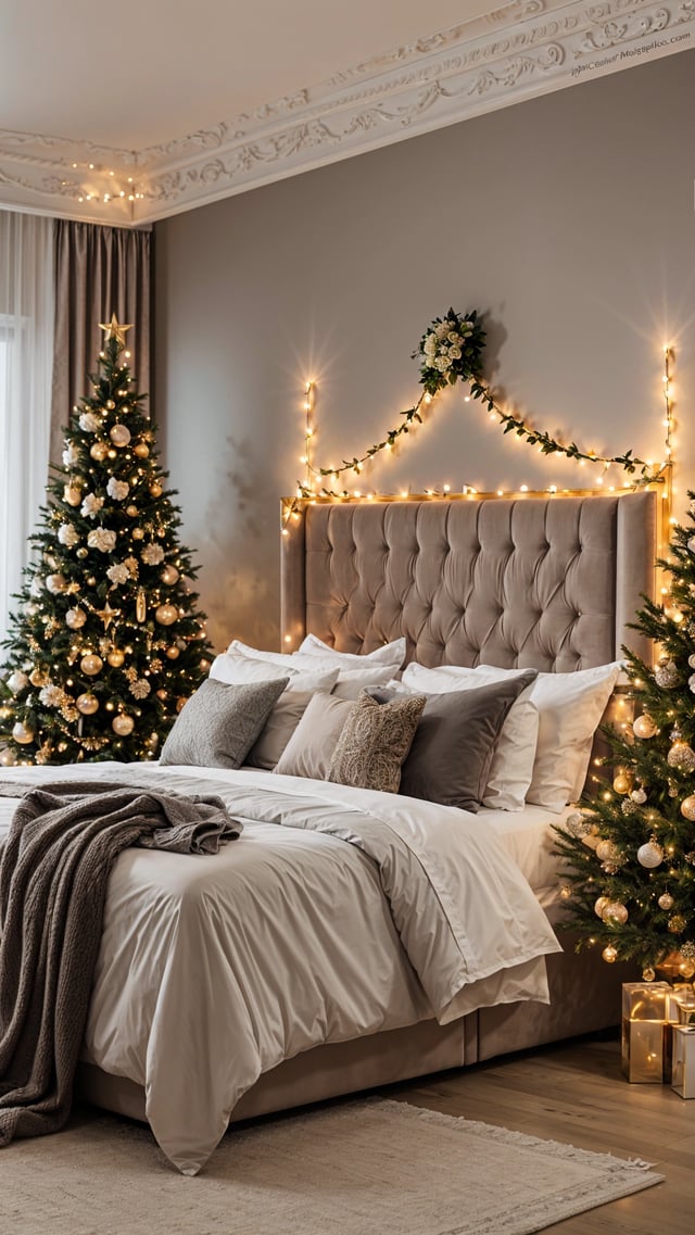 Bedroom scene with a bed, two Christmas trees, a bench and a chair.
