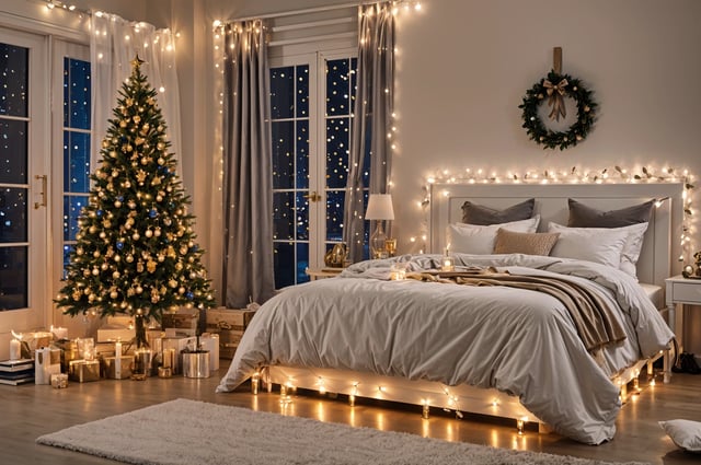 A bedroom with a white bed and a Christmas tree in the corner. The bed is covered in white sheets and has a white comforter. The room is decorated with lights and has a window with curtains.